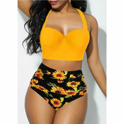 Costume bichini, set 2 pezzi a fascia larga, da donna. Push-up con stampa floreale: eleganza, dinamismo, comfort.