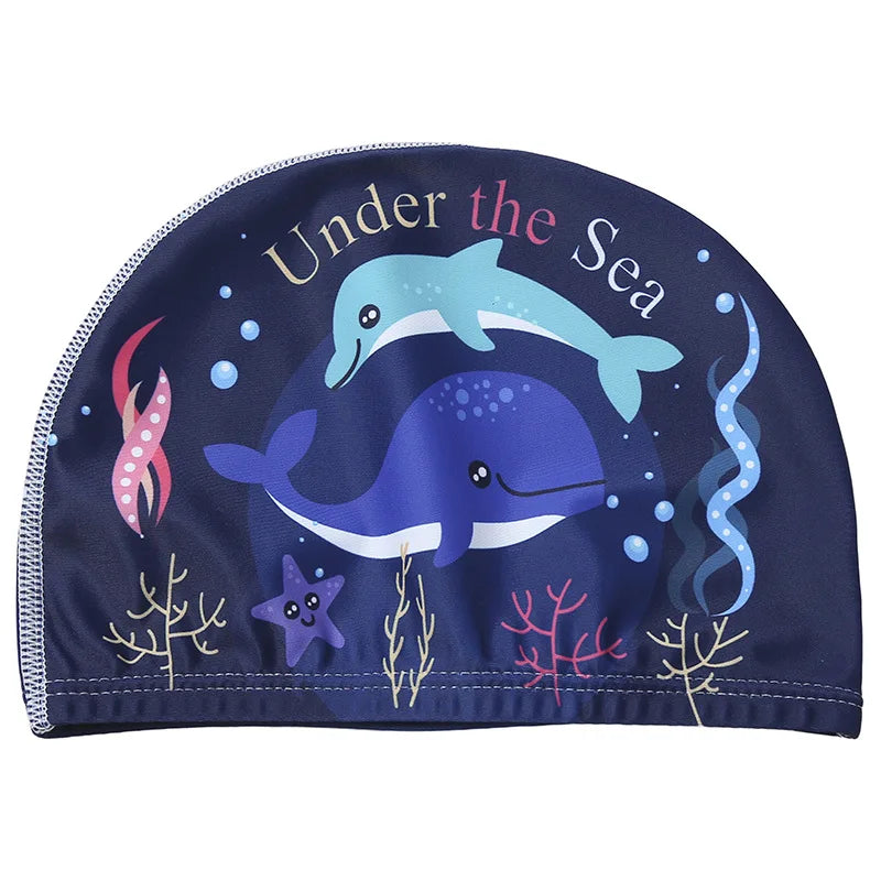 Cuffia da nuoto per bambini. Protezione per capelli e per orecchie in tessuto elastico. Con immagini di cartoni animati.
