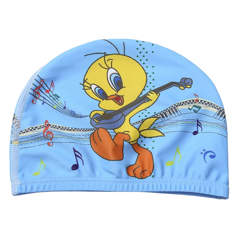 Cuffia da nuoto per bambini. Protezione per capelli e per orecchie in tessuto elastico. Con immagini di cartoni animati.