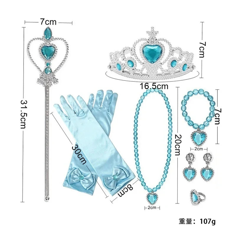 Accessori per abito principessa. Set gioco composto da 7 pezzi da abbinare ad abito per carnevale, cosplay, feste.