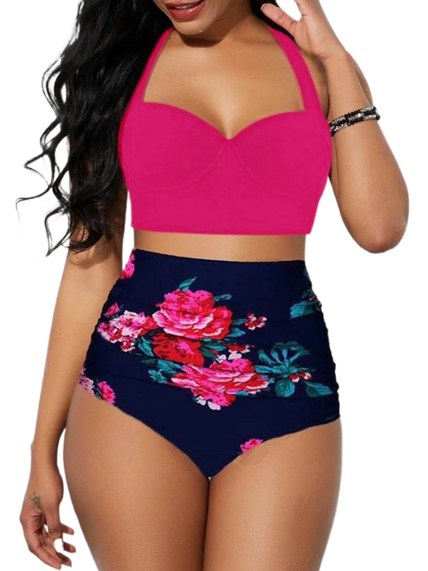 Costume bichini, set 2 pezzi a fascia larga, da donna. Push-up con stampa floreale: eleganza, dinamismo, comfort.