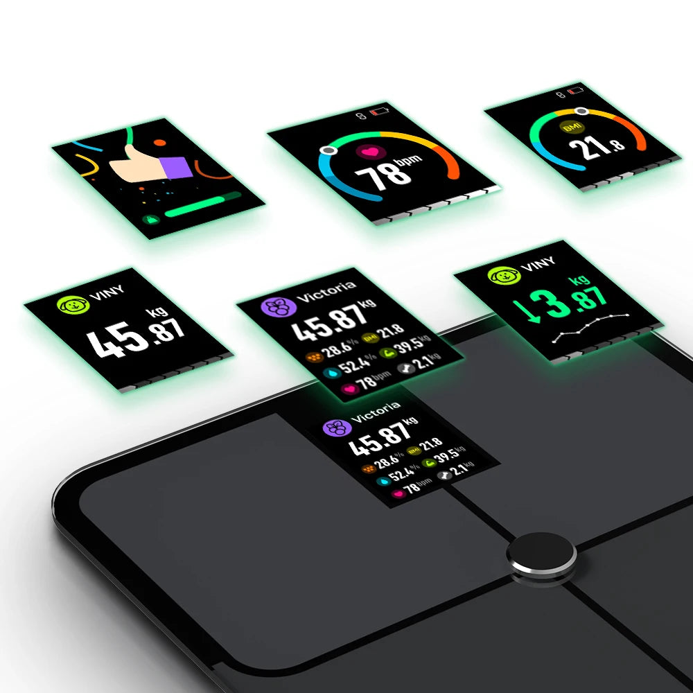 Bilancia intelligente per il corpo. Bilancia digitale intelligente con schermo a colori TFT, frequenza cardiaca, bilancia per peso corporeo intelligente precisa e professionale. Collegamento wireless con smartphone attraverso l’app dedicata.