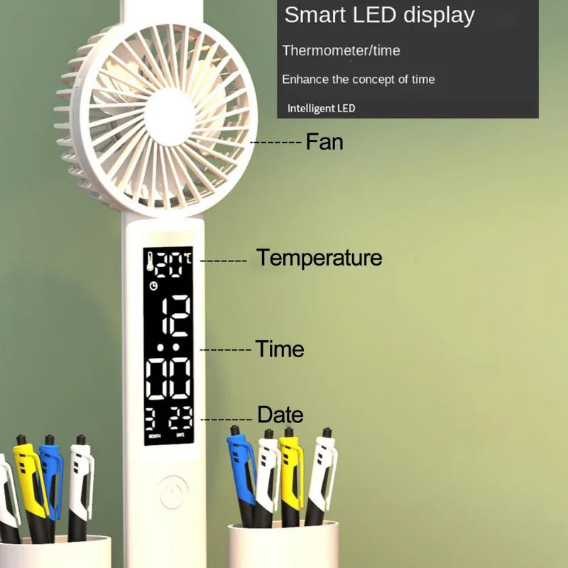 Lampada da tavolo ricaricabile per studio, da scrivania, da lettura, da tavolo a LED con ventola, orologio.