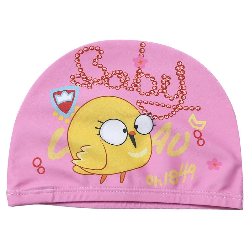 Cuffia da nuoto per bambini. Protezione per capelli e per orecchie in tessuto elastico. Con immagini di cartoni animati.