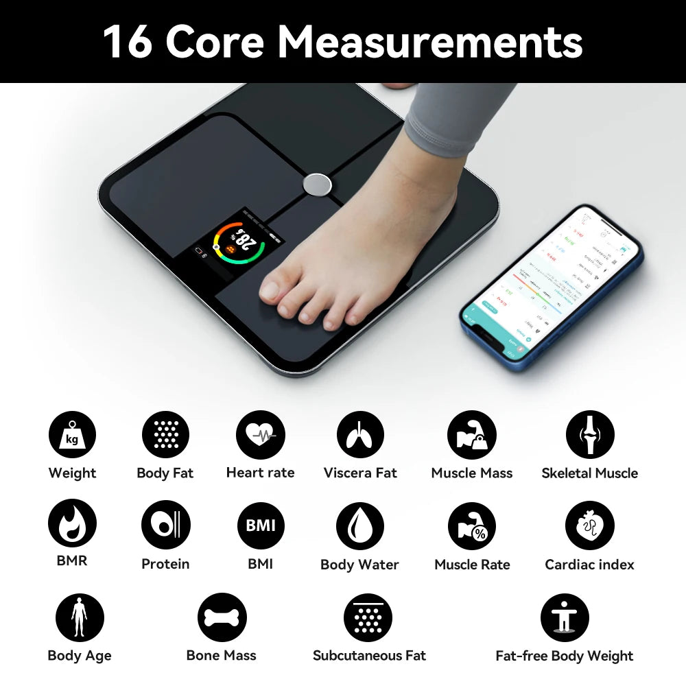 Bilancia intelligente per il corpo. Bilancia digitale intelligente con schermo a colori TFT, frequenza cardiaca, bilancia per peso corporeo intelligente precisa e professionale. Collegamento wireless con smartphone attraverso l’app dedicata.