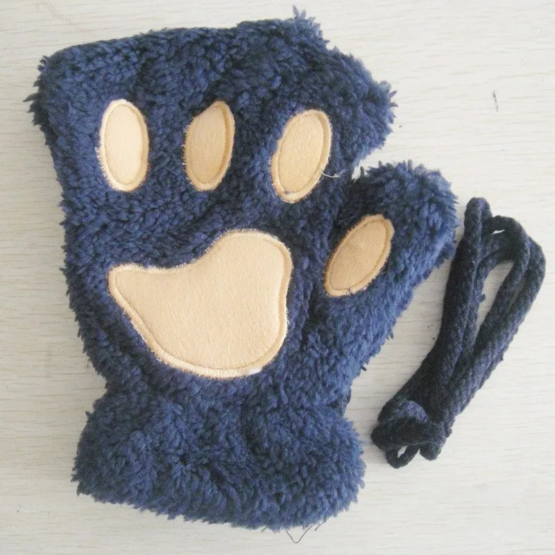 Guanti da donna in peluche senza dita a forma di zampa di gatto. Morbidi, caldi, simpatici e carini.