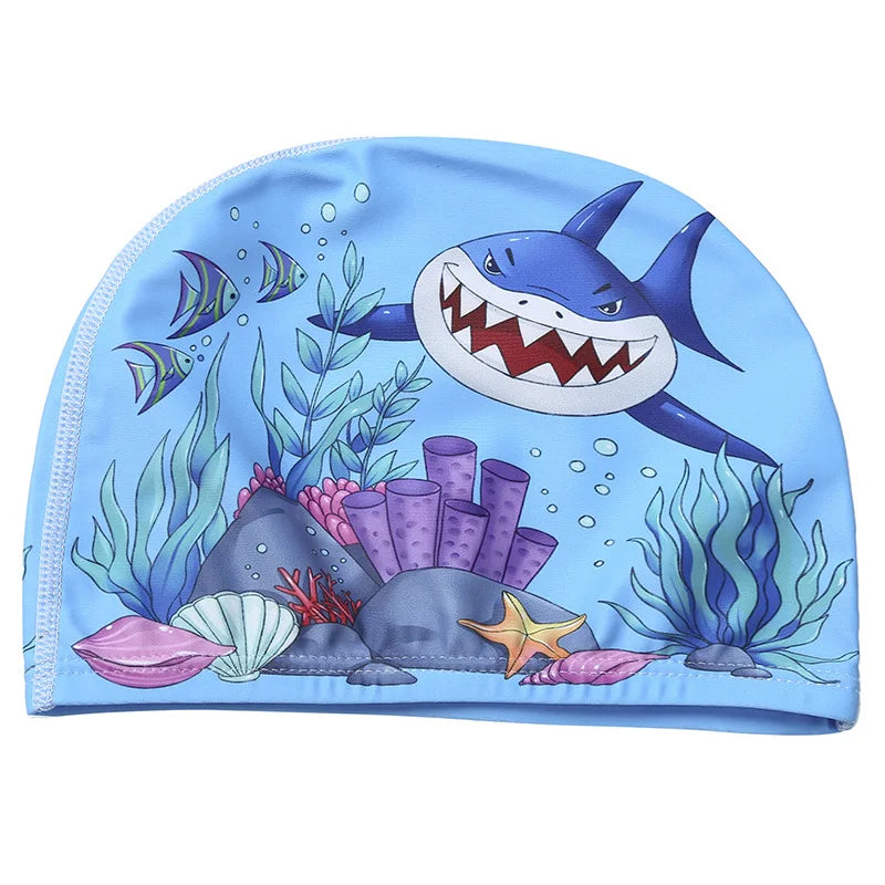 Cuffia da nuoto per bambini. Protezione per capelli e per orecchie in tessuto elastico. Con immagini di cartoni animati.