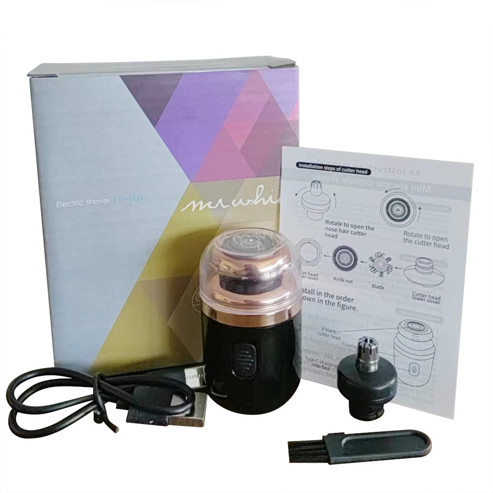 Mini-Rasoio Elettrico Rotante – Ricaricabile via USB | Lama Autoaffilante a Doppio Anello con Tagliapeli per Naso e Accessori.