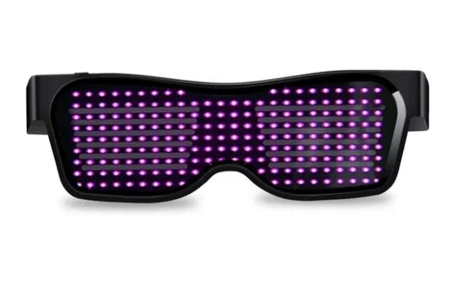 Occhiali a LED colorati Bluetooth con App dedicata. Multilingue, per scrivere e disegnare. I led cambiano col cambiare del ritmo musicale.
