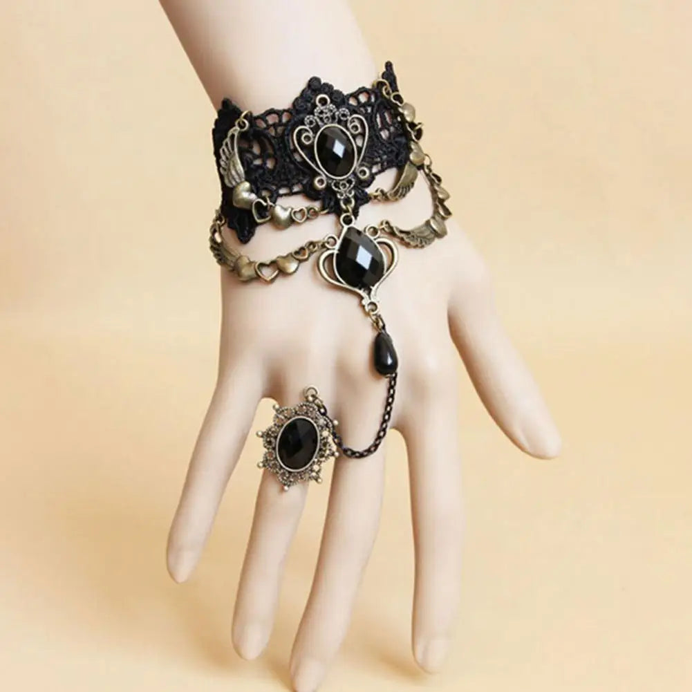 Braccialetto ad anello con collana a scelta. In pizzo nero e metallo, da donna.