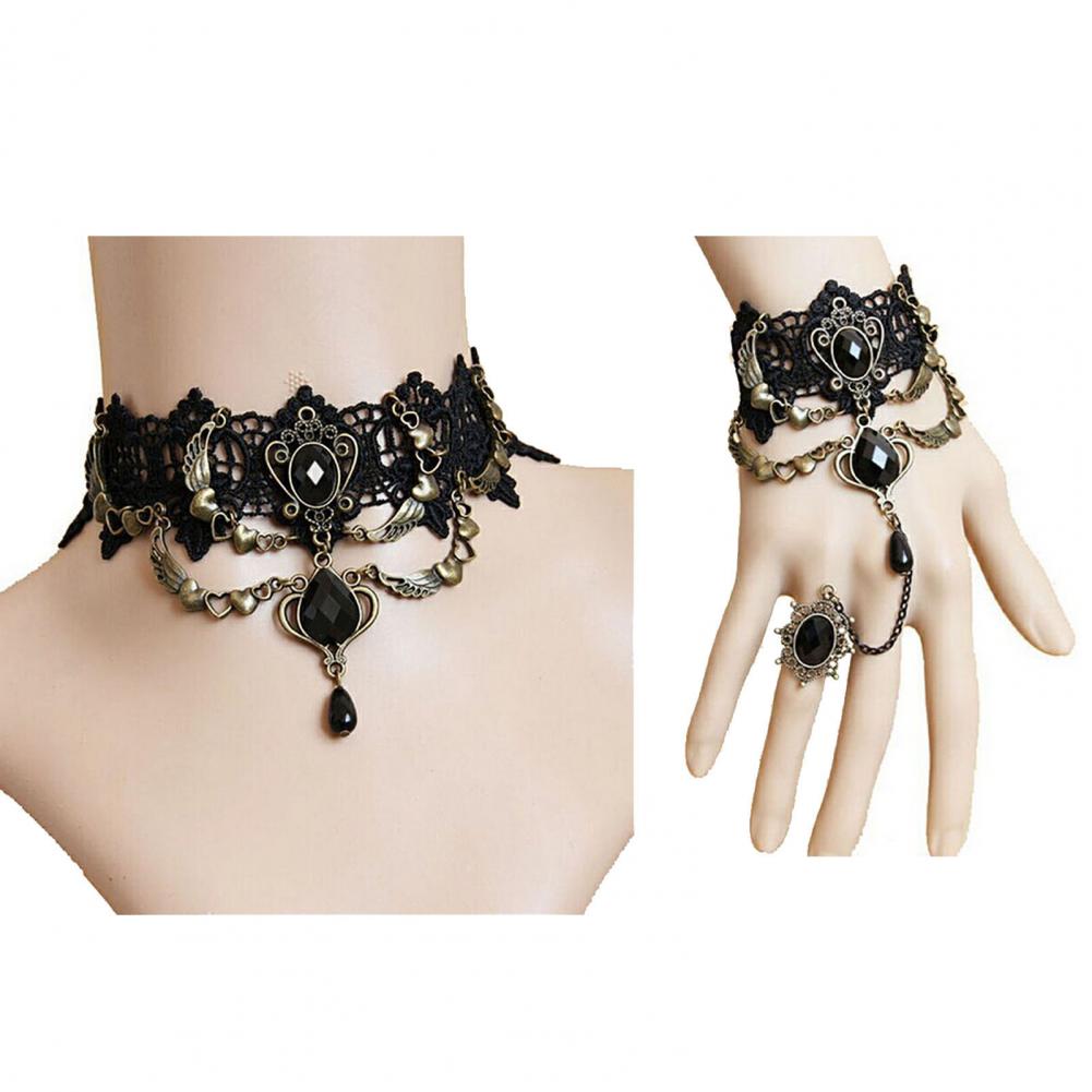 Braccialetto ad anello con collana a scelta. In pizzo nero e metallo, da donna.