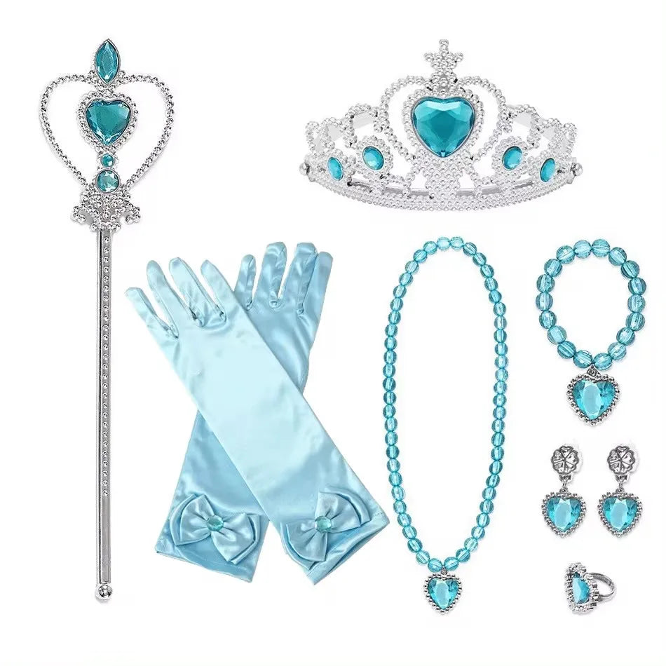 Accessori per abito principessa. Set gioco composto da 7 pezzi da abbinare ad abito per carnevale, cosplay, feste.