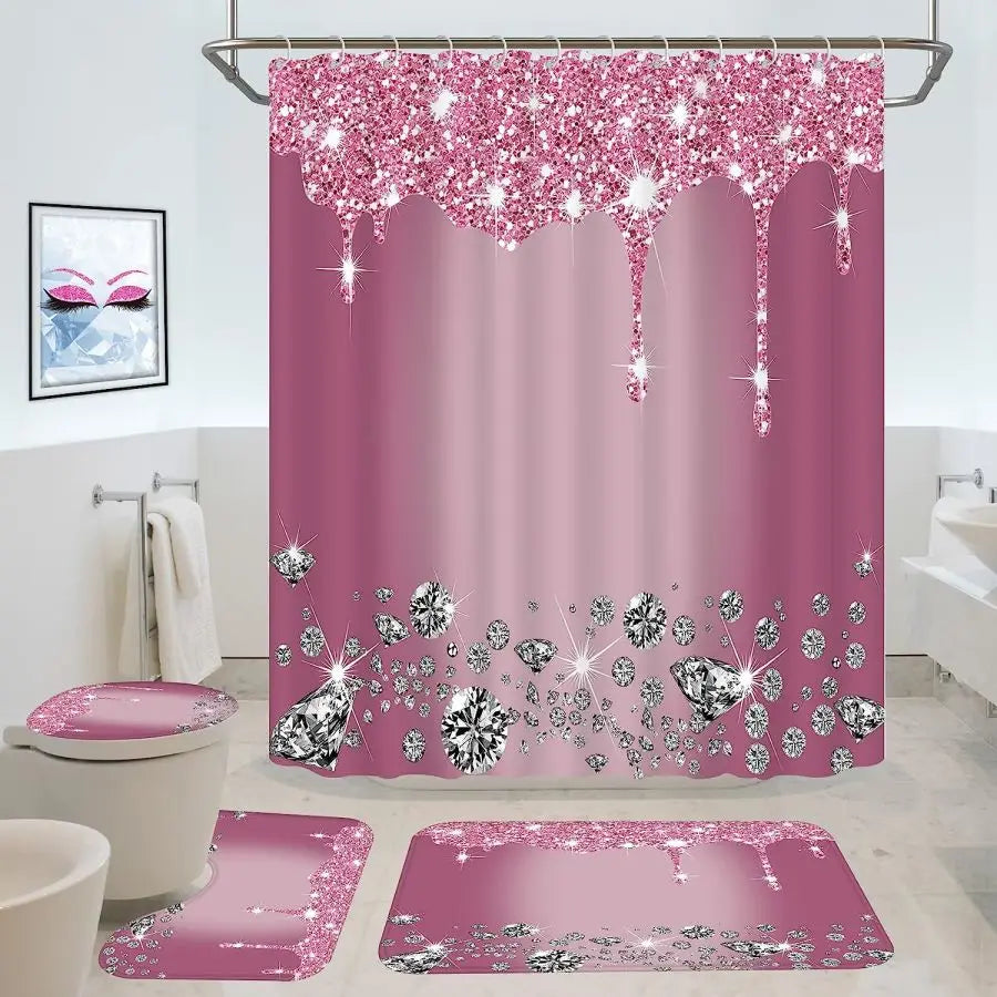 Set da 4 pezzi: tenda da doccia, tappeto rettangolare, tappeto a ”U” e tappeto per sedile WC a diamanti scintillanti.