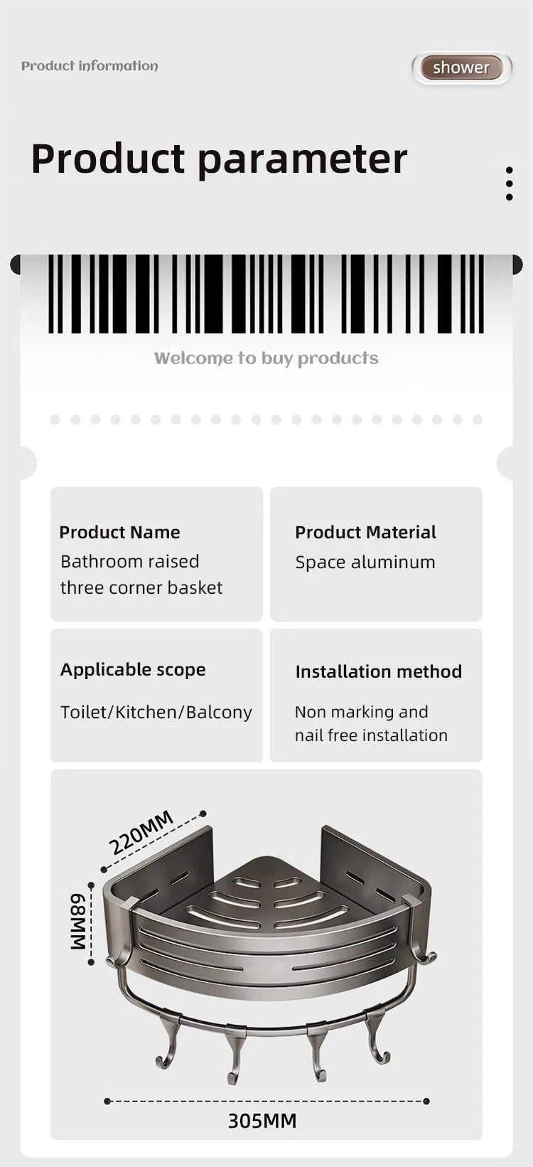 Scaffale organizzatore da bagno, per doccia in lega di alluminio con ganci. Porta shampoo, bagno/doccia schiuma, multi-oggetti, senza bisogno di fare fori.