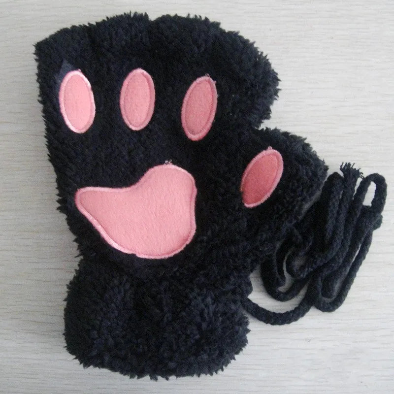 Guanti da donna in peluche senza dita a forma di zampa di gatto. Morbidi, caldi, simpatici e carini.