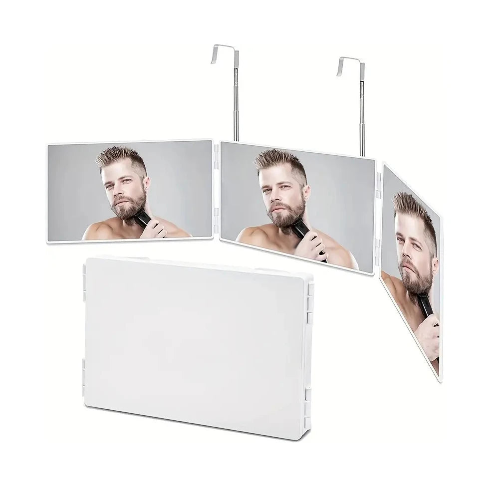 Specchio da trucco a 3 ante pieghevoli per visione a 360°. Con illuminazione a led ricaricabile.