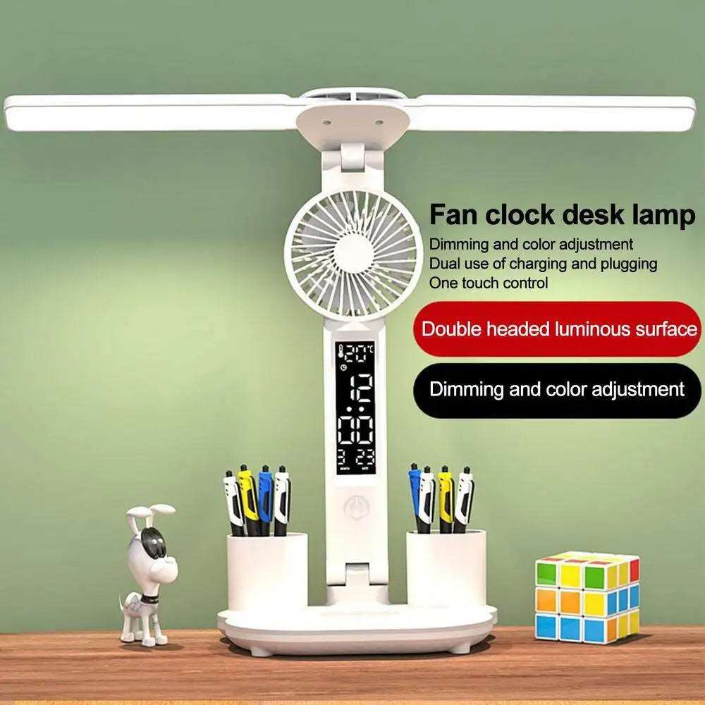 Lampada da tavolo ricaricabile per studio, da scrivania, da lettura, da tavolo a LED con ventola, orologio.
