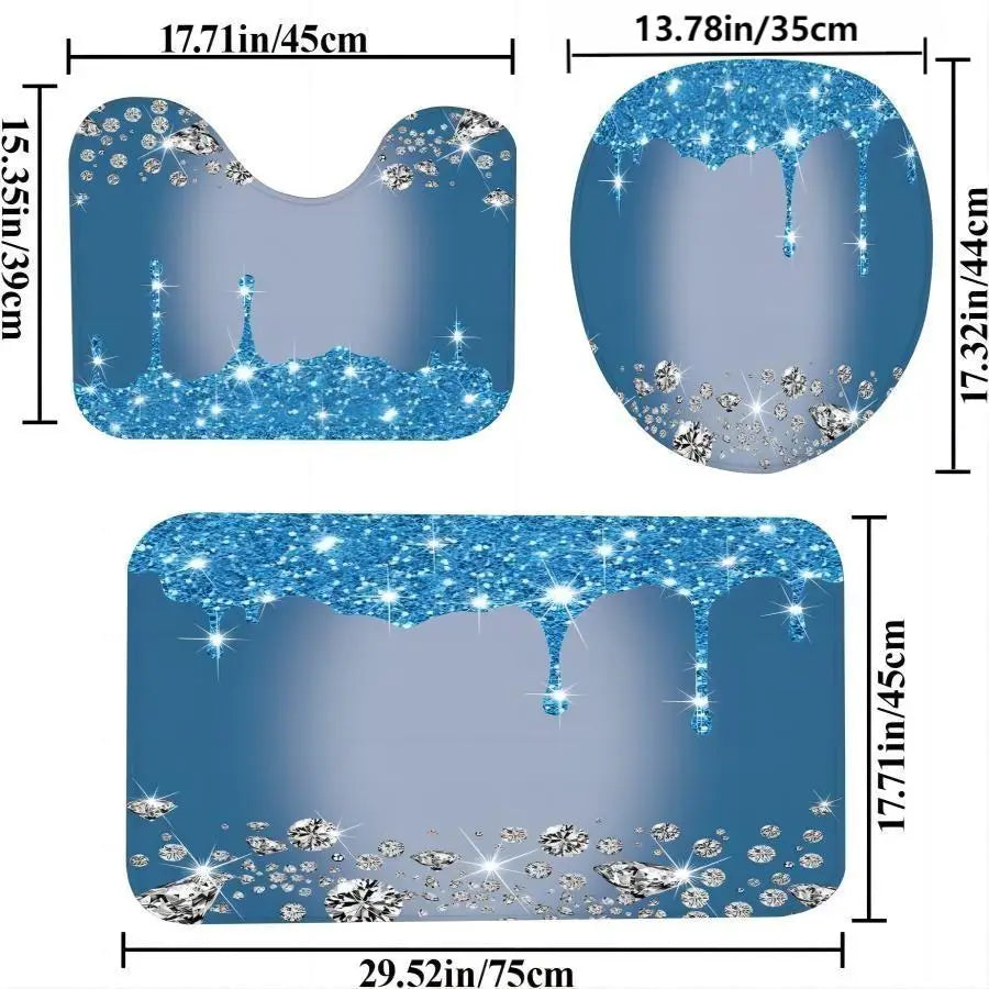 Set da 4 pezzi: tenda da doccia, tappeto rettangolare, tappeto a ”U” e tappeto per sedile WC a diamanti scintillanti.