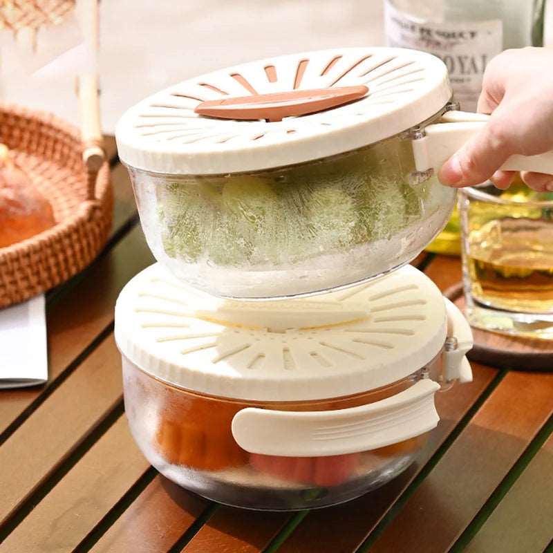 Ciotola/scola acqua per pulizia/lavaggio verdure. Con coperchio e maniglia pieghevole. Funge anche da contenitore per frigorifero.