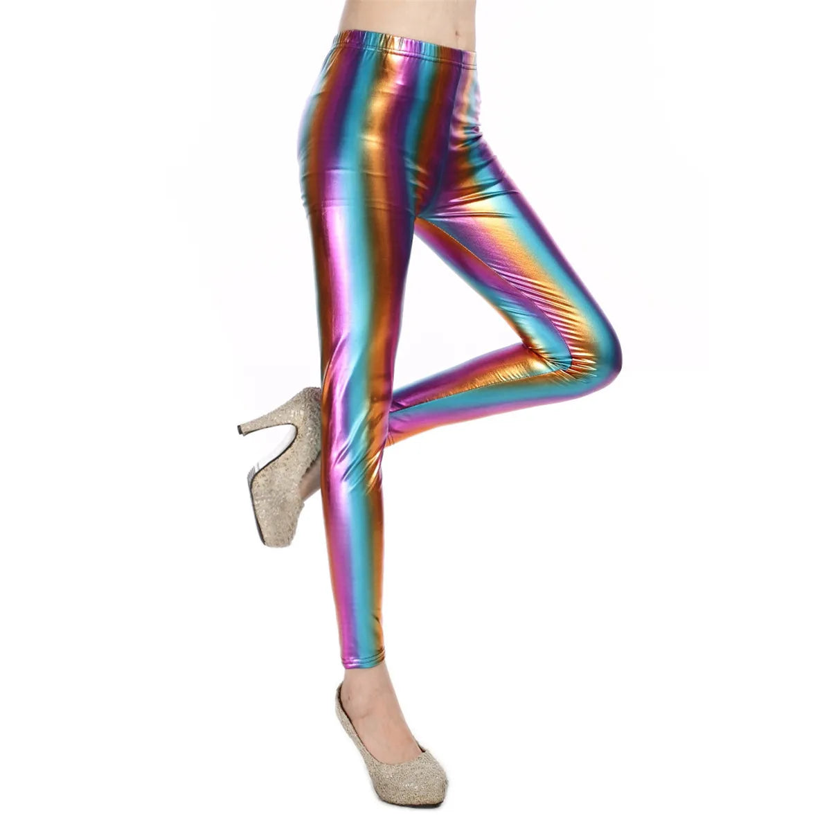 Pantaloni leggins elasticizzati, casual a vita alta da donna. Colore lucido disponibile in più tonalità e design.
