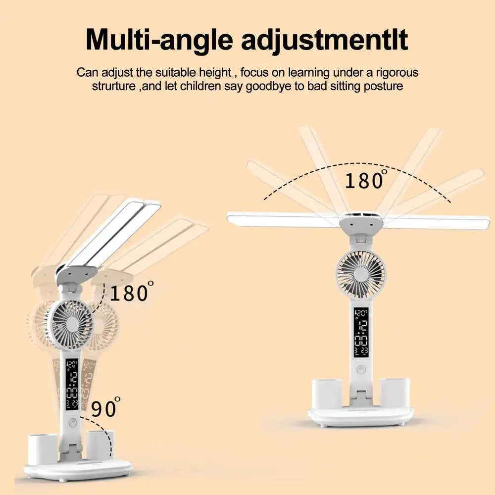 Lampada da tavolo ricaricabile per studio, da scrivania, da lettura, da tavolo a LED con ventola, orologio.