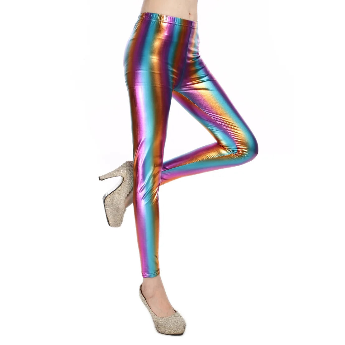 Pantaloni leggins elasticizzati, casual a vita alta da donna. Colore lucido disponibile in più tonalità e design.
