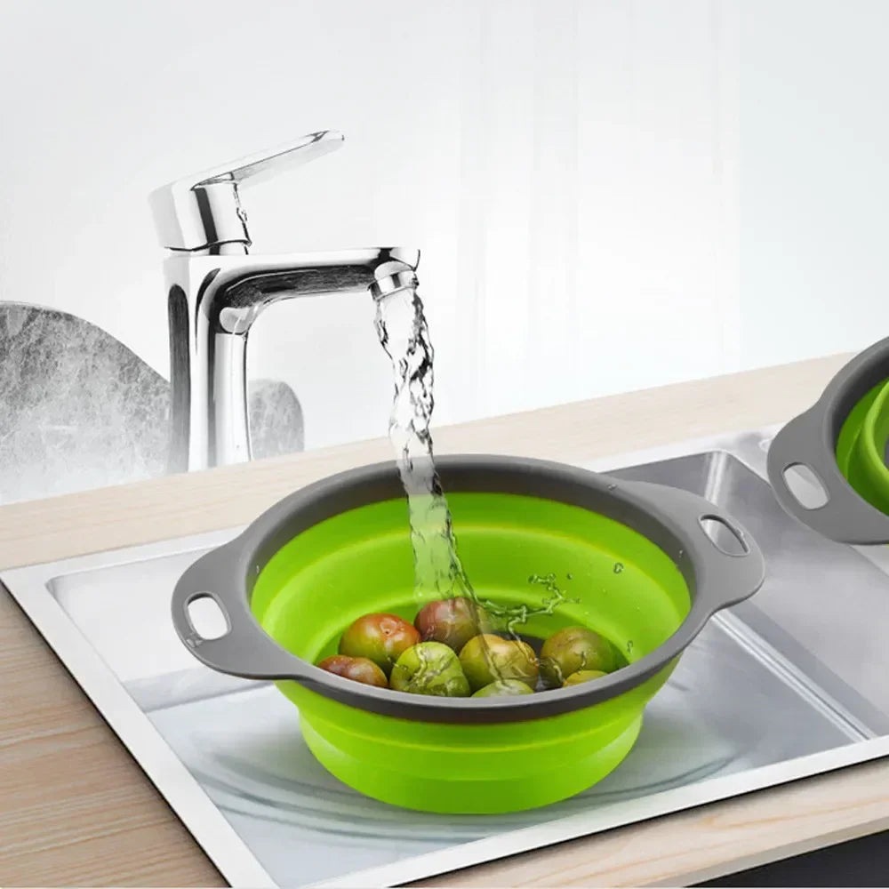 Scolapasta in silicone pieghevole, cestino per lavaggio frutta, verdura e contenitore.