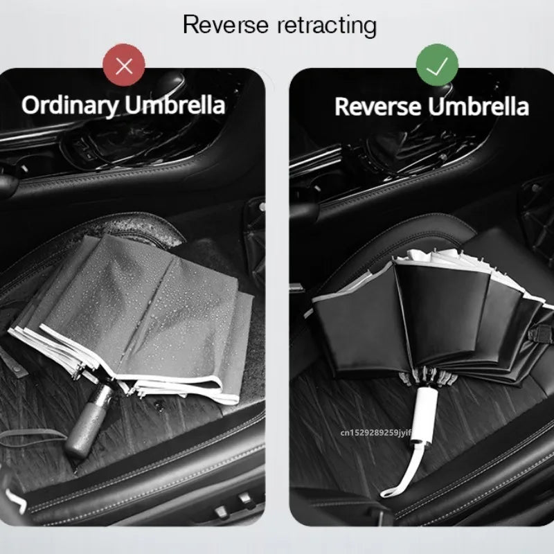 Ombrello pieghevole inverso, completamente automatico con striscia riflettente.