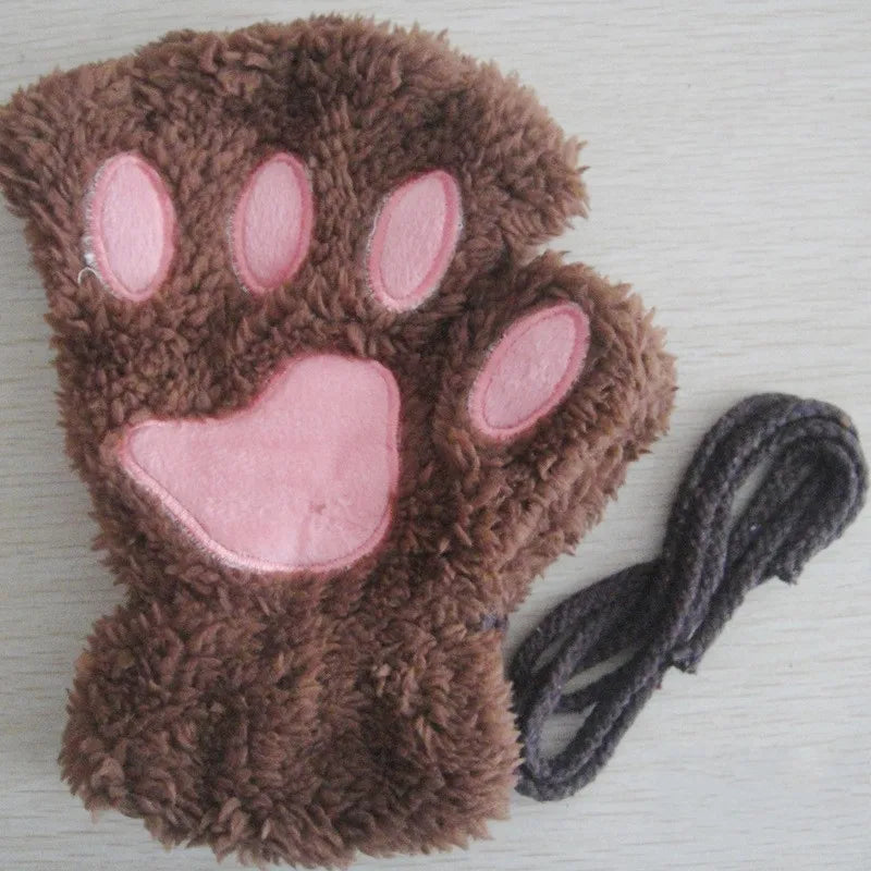 Guanti da donna in peluche senza dita a forma di zampa di gatto. Morbidi, caldi, simpatici e carini.
