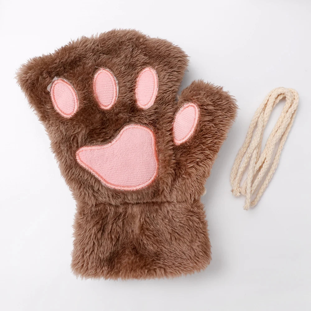 Guanti da donna in peluche senza dita a forma di zampa di gatto. Morbidi, caldi, simpatici e carini.
