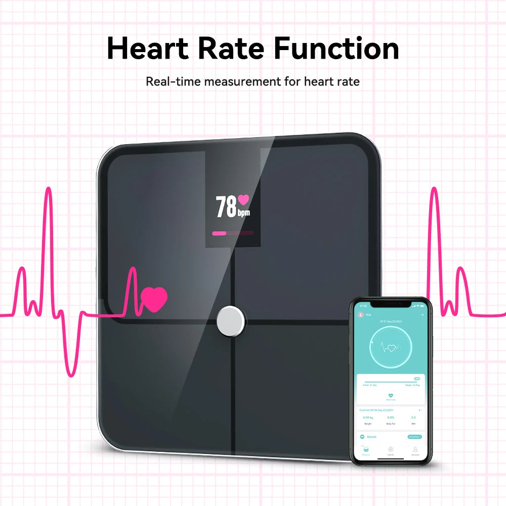 Bilancia intelligente per il corpo. Bilancia digitale intelligente con schermo a colori TFT, frequenza cardiaca, bilancia per peso corporeo intelligente precisa e professionale. Collegamento wireless con smartphone attraverso l’app dedicata.