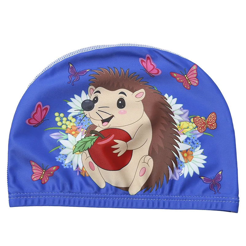 Cuffia da nuoto per bambini. Protezione per capelli e per orecchie in tessuto elastico. Con immagini di cartoni animati.