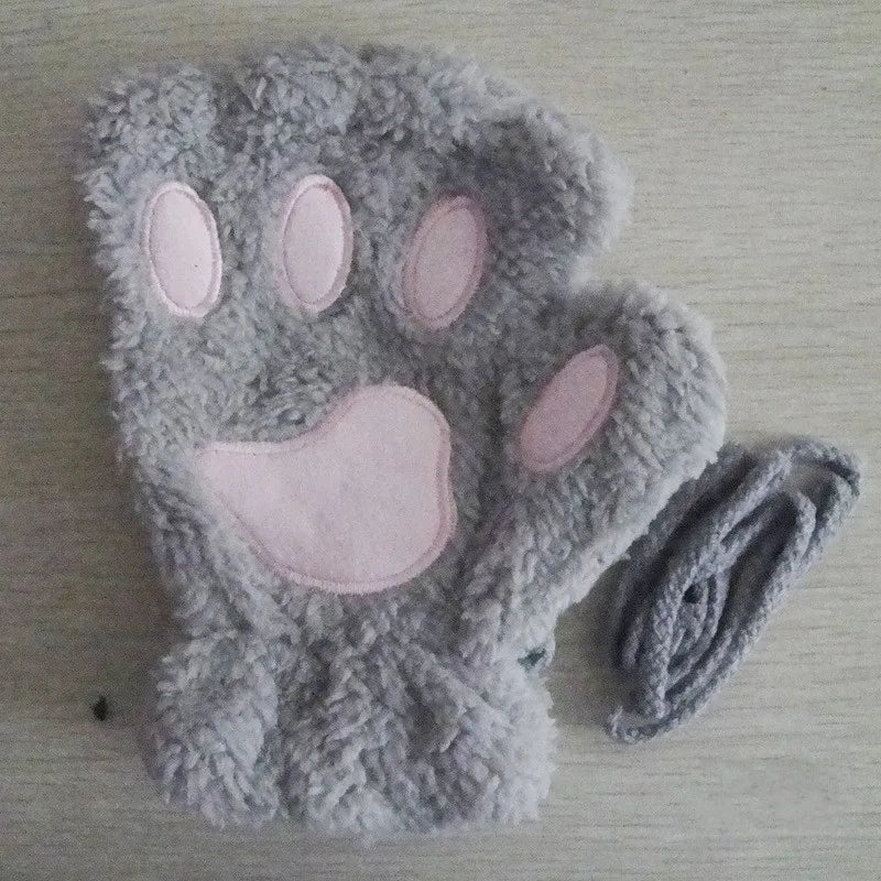 Guanti da donna in peluche senza dita a forma di zampa di gatto. Morbidi, caldi, simpatici e carini.