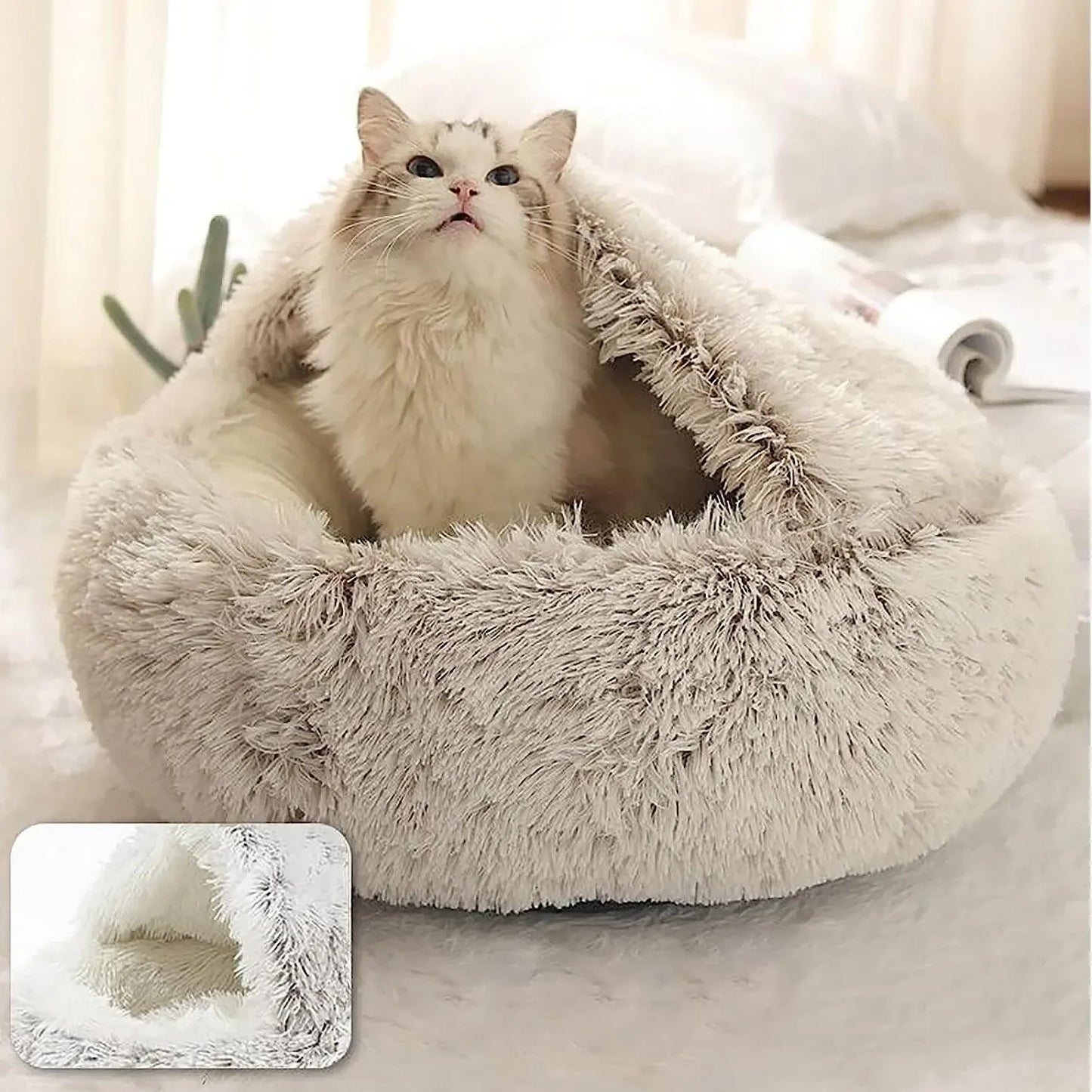 Comodo letto rotondo per animali domestici con fodera staccabile. Nido caldo e grotta a doppio scopo per animali di piccola taglia.