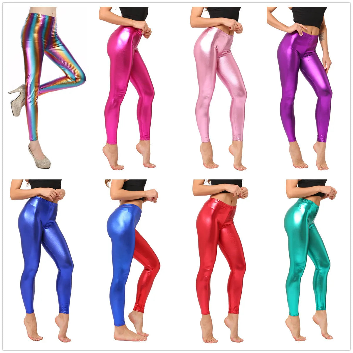 Pantaloni leggins elasticizzati, casual a vita alta da donna. Colore lucido disponibile in più tonalità e design.