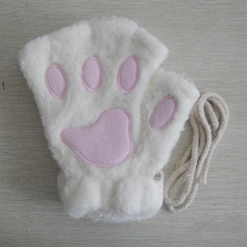 Guanti da donna in peluche senza dita a forma di zampa di gatto. Morbidi, caldi, simpatici e carini.