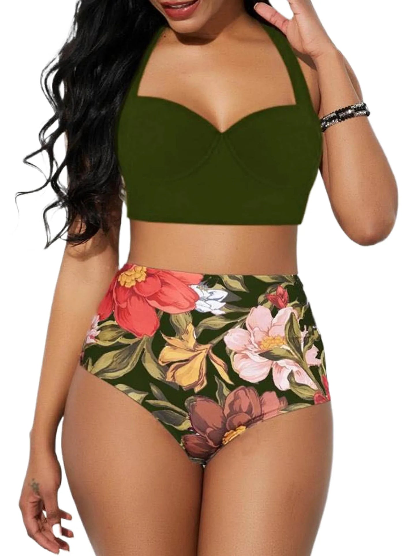 Costume bichini, set 2 pezzi a fascia larga, da donna. Push-up con stampa floreale: eleganza, dinamismo, comfort.