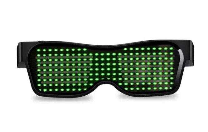 Occhiali a LED colorati Bluetooth con App dedicata. Multilingue, per scrivere e disegnare. I led cambiano col cambiare del ritmo musicale.