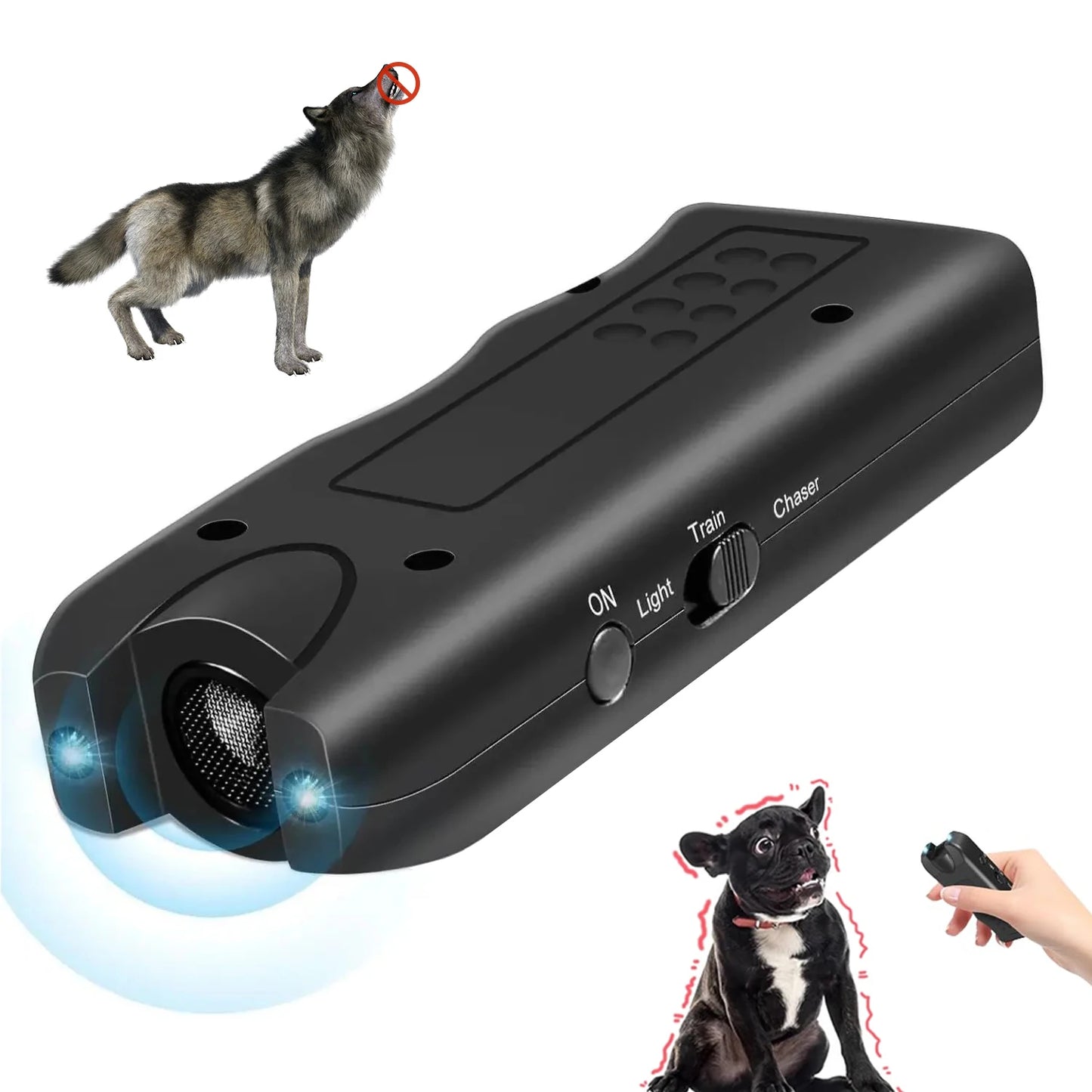 Repellente antiabbaio portatile a ultrasuoni per cani. Dispositivo di addestramento per cani 3 in 1. Respinge gli animali randagi.