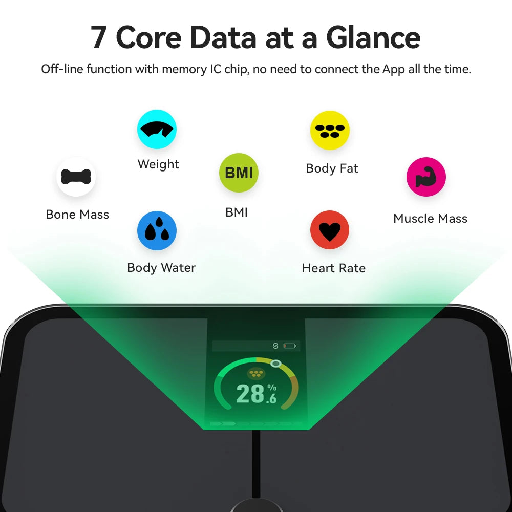 Bilancia intelligente per il corpo. Bilancia digitale intelligente con schermo a colori TFT, frequenza cardiaca, bilancia per peso corporeo intelligente precisa e professionale. Collegamento wireless con smartphone attraverso l’app dedicata.