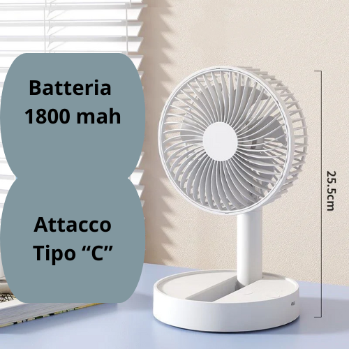 Mini ventilatore pieghevole a batteria ricaricabile USB con 4 velocità e temporizzazione.