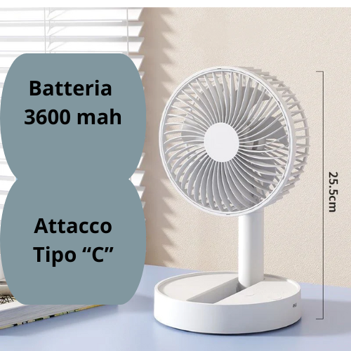 Mini ventilatore pieghevole a batteria ricaricabile USB con 4 velocità e temporizzazione.