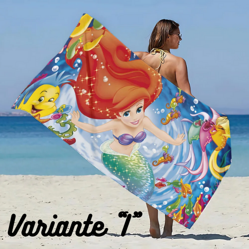 Asciugamano da spiaggia con immagini Principessa Ariel. In microfibra, anti-sabbia, asciugatura rapida.