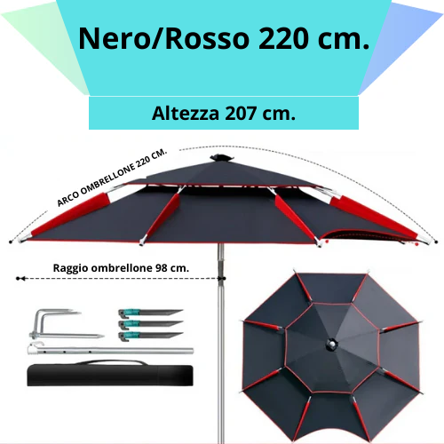 Ombrellone rotondo da 180 a 260 cm. con snodo a molla. Resistente ai raggi UV, impermeabile, regolabile a 360°.