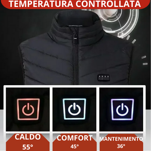 Gilet riscaldante. Fino a 21 zone di riscaldamento e 3 intensità di calore per un comfort totale della parte superiore del corpo".