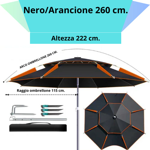 Ombrellone rotondo da 180 a 260 cm. con snodo a molla. Resistente ai raggi UV, impermeabile, regolabile a 360°.