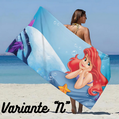 Asciugamano da spiaggia con immagini Principessa Ariel. In microfibra, anti-sabbia, asciugatura rapida.