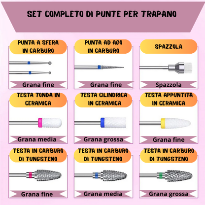 Punte per unghie nail art. Set 10 punte in ceramica e acciaio al tungsteno per trapano.