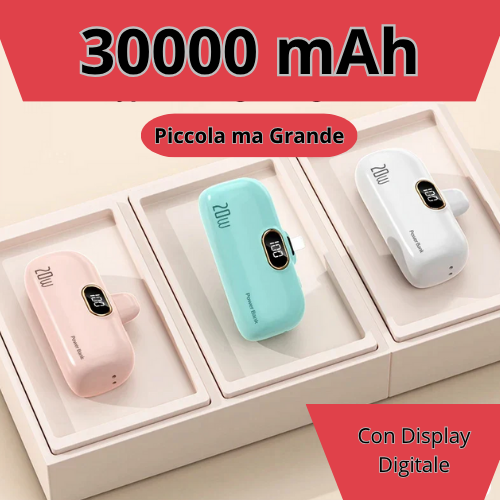 Mini Power Bank 30000mAh con LCD per telefono cellulare, cavo integrato caricatore batteria di tipo C o iPhone.