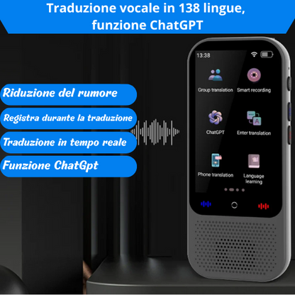 Traduzione portatile S80 Pro. Traduzione vocale in 138 lingue, 19 traduzioni offline, funzione ChatGPT. Fotocamera 5 mp, ricarica type C.